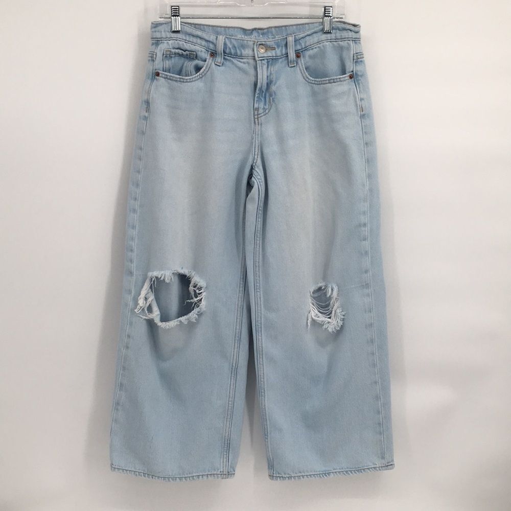 Old Navy Mid-rise Baggy Wide Leg Jeans Distressed Light Wash 6 Petite